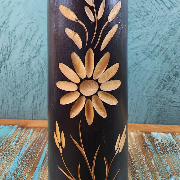 Boho Chic Hand Carved Wooden Vase with Floral Design and Jute Twine Accent - Picture 2 of 10